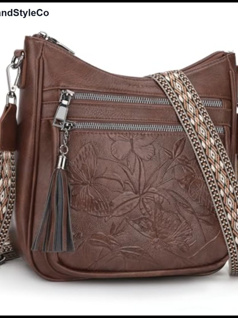 Faux Leather Medium Crossbody Hobo Bag Butterfly Embossed Tassel Wide Strap